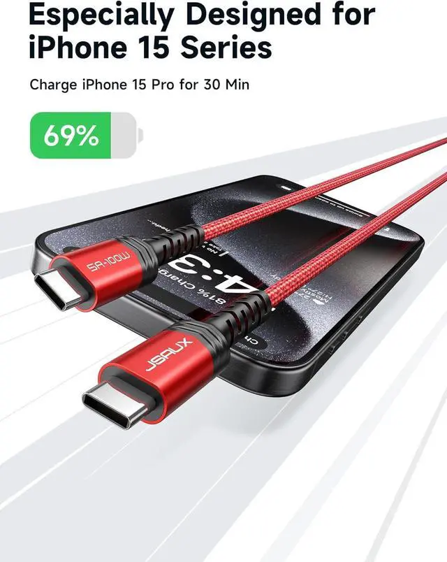Alt view image 3 of 7 - JSAUX 100W USB C to USB C Cable (2-Pack, 3.3ft), USBC Type C Charge Cord 5A Fast Charging Compatible with Nintendo Switch 2 iPhone 16 Pro Max Samsung Galaxy S25 S24 MacBook iPad Air Pro Carplay -Red