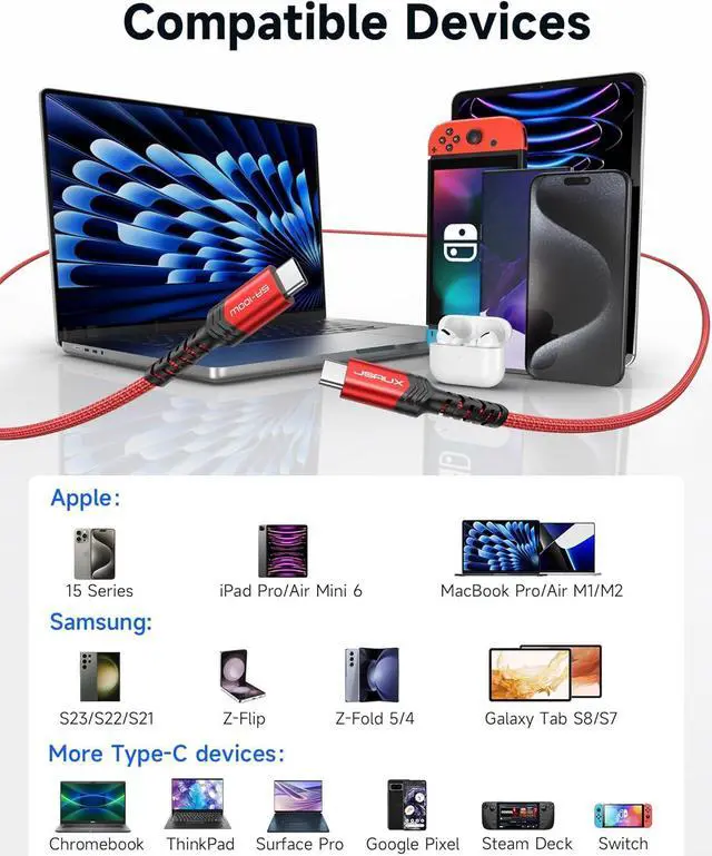 Alt view image 4 of 7 - JSAUX 100W USB C to USB C Cable (2-Pack, 3.3ft), USBC Type C Charge Cord 5A Fast Charging Compatible with Nintendo Switch 2 iPhone 16 Pro Max Samsung Galaxy S25 S24 MacBook iPad Air Pro Carplay -Red