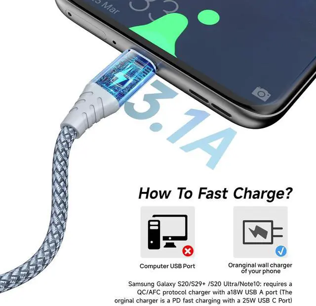 Alt view image 3 of 7 - USB C Cable 4pack 10ft 3.1A Fast Charging Cable USB Type C Charger Cord Nylon Braided Compatible with  Galaxy A10e A20 A50 A51 A71 S10 S9 S8 Plus S10E Note 20 10 9 8 Moto G7 G8