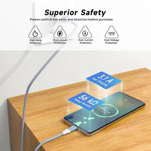 Alt view image 6 of 7 - USB C Cable 4pack 10ft 3.1A Fast Charging Cable USB Type C Charger Cord Nylon Braided Compatible with  Galaxy A10e A20 A50 A51 A71 S10 S9 S8 Plus S10E Note 20 10 9 8 Moto G7 G8