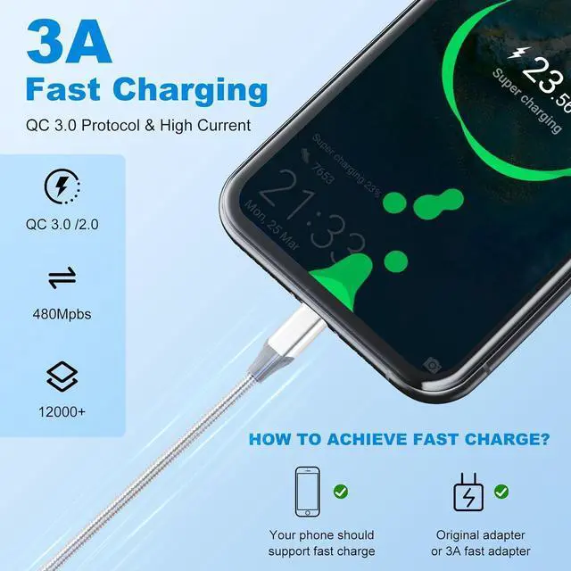 Alt view image 2 of 6 - USB-C Cable 3A Fast Charging, 3-Pack (10ft+6ft+3ft) USB A to Type C Charge Nylon Braided Cord Compatible with Galaxy S20 S10 S9 S8 Plus Note 10 9 8,PS5,USB C Charger (White, 3ft+6ft+10ft)