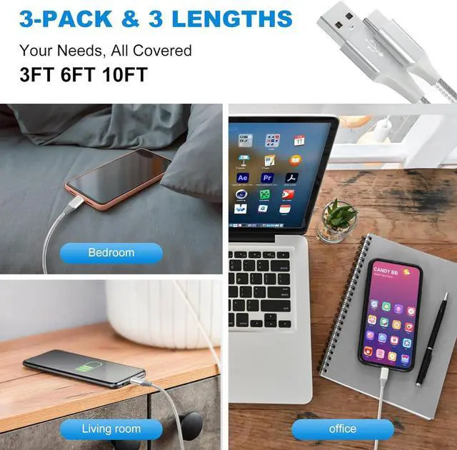Alt view image 4 of 6 - USB-C Cable 3A Fast Charging, 3-Pack (10ft+6ft+3ft) USB A to Type C Charge Nylon Braided Cord Compatible with Galaxy S20 S10 S9 S8 Plus Note 10 9 8,PS5,USB C Charger (White, 3ft+6ft+10ft)