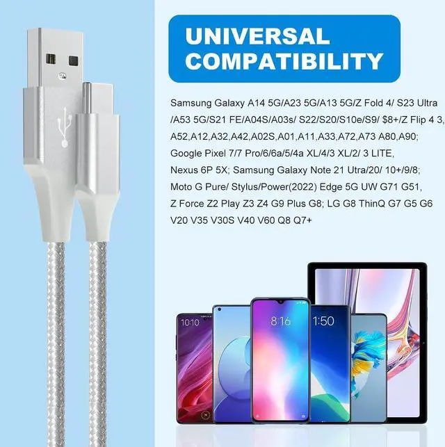 Alt view image 6 of 6 - USB-C Cable 3A Fast Charging, 3-Pack (10ft+6ft+3ft) USB A to Type C Charge Nylon Braided Cord Compatible with Galaxy S20 S10 S9 S8 Plus Note 10 9 8,PS5,USB C Charger (White, 3ft+6ft+10ft)