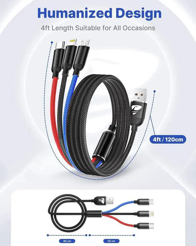 Alt view image 6 of 7 - Multi Charging Cable Nylon Braided 3 in 1 Charging Cord Multi USB Cable Fast Charging Cord with Type-C Micro USB and IPh Port Compatible with Most Phones & iPads