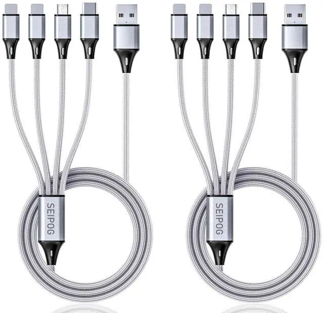 Main image of Multi Charging Cable USB Cable 3A 4FT Nylon Braided Universal 4in1 Charger Adapter Type-C/Micro Port Compatible with Cell Phones and More (Silver 2Pack)