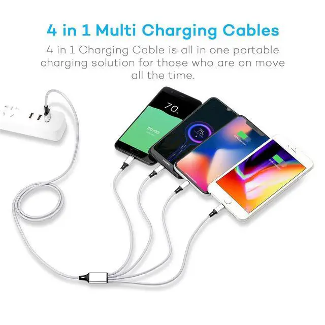 Alt view image 3 of 7 - Multi Charging Cable USB Cable 3A 4FT Nylon Braided Universal 4in1 Charger Adapter Type-C/Micro Port Compatible with Cell Phones and More (Silver 2Pack)