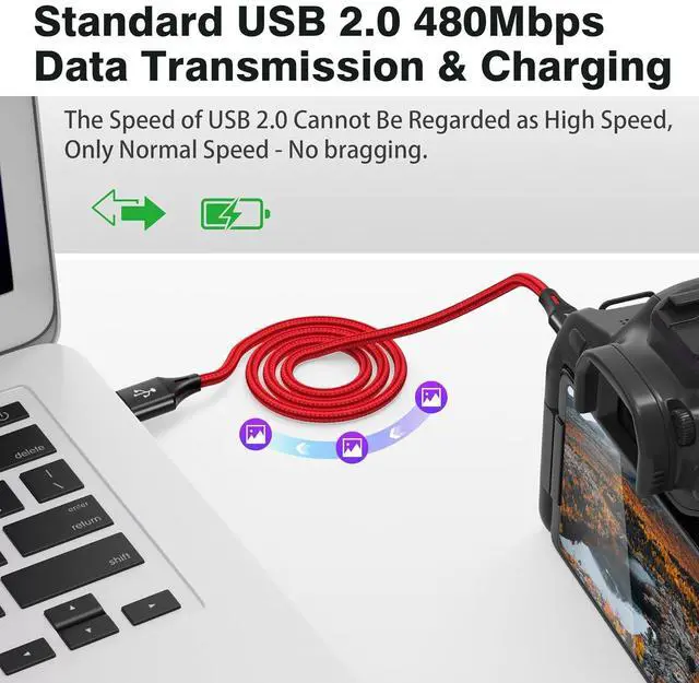 Alt view image 3 of 7 - 2 Pack 6.6ft Mini USB Cable Braided Durable USB-A to Mini-B Charger Charging Cord for TI-84 Garmin GPS Go-Pro Hero 4 3 2 HD PS3 Controller Canon Camera Blue Yeti Microphone Red