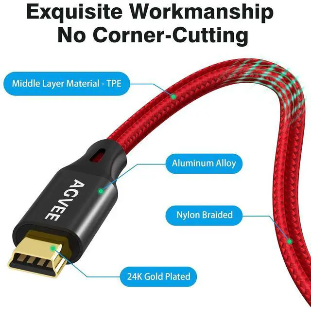 Alt view image 7 of 7 - 2 Pack 6.6ft Mini USB Cable Braided Durable USB-A to Mini-B Charger Charging Cord for TI-84 Garmin GPS Go-Pro Hero 4 3 2 HD PS3 Controller Canon Camera Blue Yeti Microphone Red