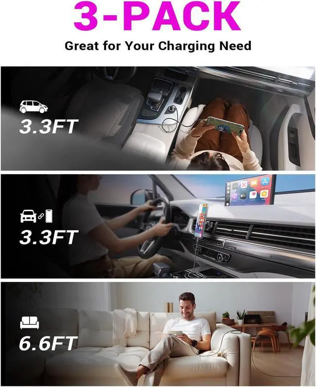 Alt view image 7 of 7 - LISEN USB to USB C Cable3-Pack [3.3+3.3+6.6FT] 3.2A Carplay Type C Charger Fast Charging for iPhone 15 Carplay, Samsung Galaxy Note 20 10/S24 S23 S22/A20 A51, LG, Moto G7 G8, Android Auto