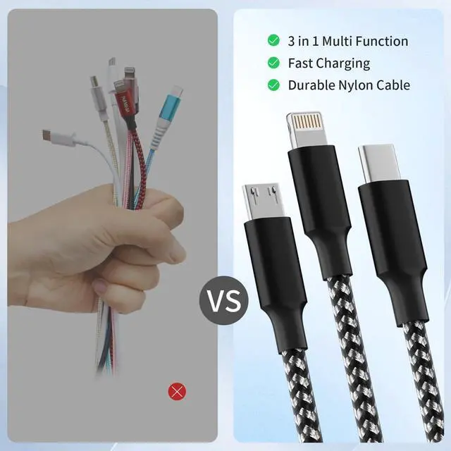 Alt view image 3 of 7 - Multi Charging Cable (2 Pack 4FT) Multi USB Charger Cable 3 in 1 Charging Cable Nylon Braided Fast Charging Cord with Type-C Micro USB IP Port for Most Phones/iPads/iPhones/Tablets