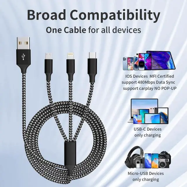 Alt view image 6 of 7 - Multi Charging Cable (2 Pack 4FT) Multi USB Charger Cable 3 in 1 Charging Cable Nylon Braided Fast Charging Cord with Type-C Micro USB IP Port for Most Phones/iPads/iPhones/Tablets