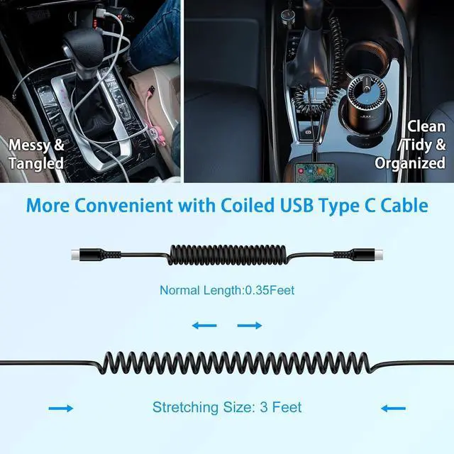 Alt view image 6 of 7 - Coiled USB C Charger Cable Car Carplay 3ft for iPhone 16e 16 Pro Max  Galaxy S25 Edge S25 Ultra S25+ A16 S24 Plus FE Retractable Short Android Auto Fast Charging Type C to C Phone Power Cord