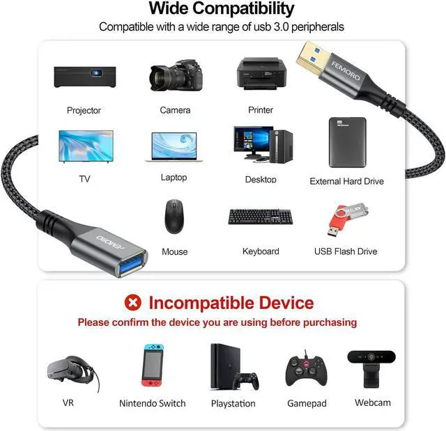 Alt view image 7 of 7 - USB Extension Cable 10 ft 10 Pack USB 3.0 Extender Long USB Type A Male to Female Extension Cord for Keyboard Mouse Flash Drive Printer Camera and More