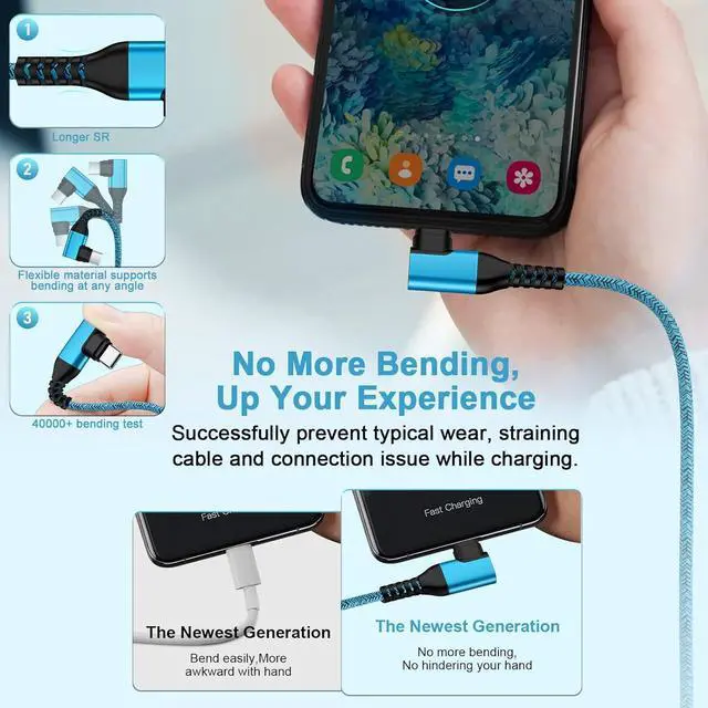 Alt view image 5 of 7 - Android Phone Power Cord Samsung Charger Cable USB Type C to C 60W 3 Pack 6ft 90 Degree Fast Charging for Samsung Galaxy S25 Edge Ultra S24 A16 A54 A14 5G A15 A13 A23 S23 S22 S21 FE A53 Z Fold 6 5 S20