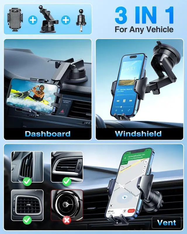 Alt view image 4 of 7 - [True Military-Grade] Car Phone Holder [Upgraded Strongest Suction & Clip] Cell Phone Mount for Dashboard Windshield Vent Truck Accessories Cradle Stand for iPhone 16 Pro Max 15 14 13 Android