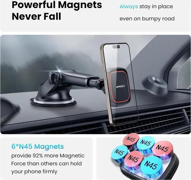 Alt view image 3 of 7 - Magnetic Phone Mount for Car  Industrial Suction Cup Dashboard & Windshield Holder with Telescopic Arm 6 Strong Magnets  Universal Fit for iPhone & Android (Metal Plate Required)