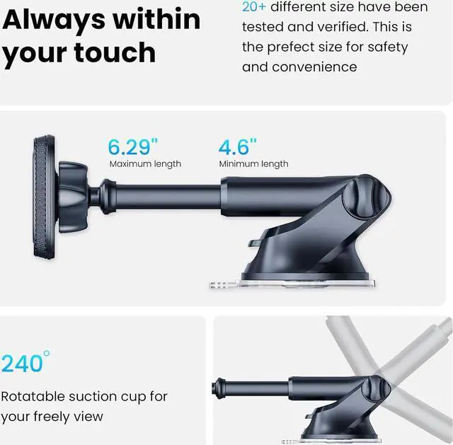 Alt view image 4 of 7 - Magnetic Phone Mount for Car  Industrial Suction Cup Dashboard & Windshield Holder with Telescopic Arm 6 Strong Magnets  Universal Fit for iPhone & Android (Metal Plate Required)