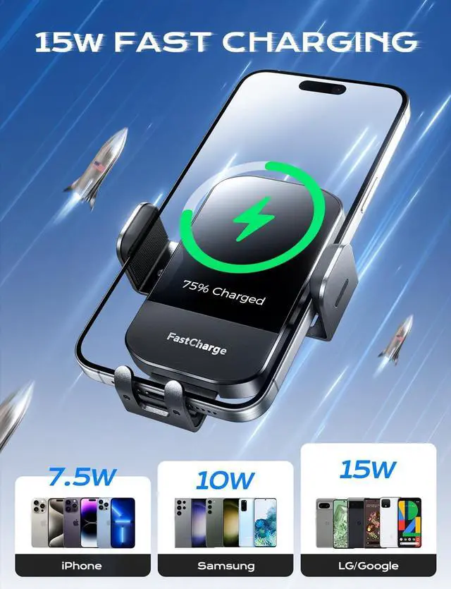 Alt view image 3 of 7 - CHGeek Wireless Car Charger, 15W Fast Charging Auto Clamping Car Charger Phone Mount Phone Holder fit for iPhone 15 14 13 12 11 Pro Max Xs, Samsung Galaxy S24 Ultra S23 S22 S21, S20, S10+, Black