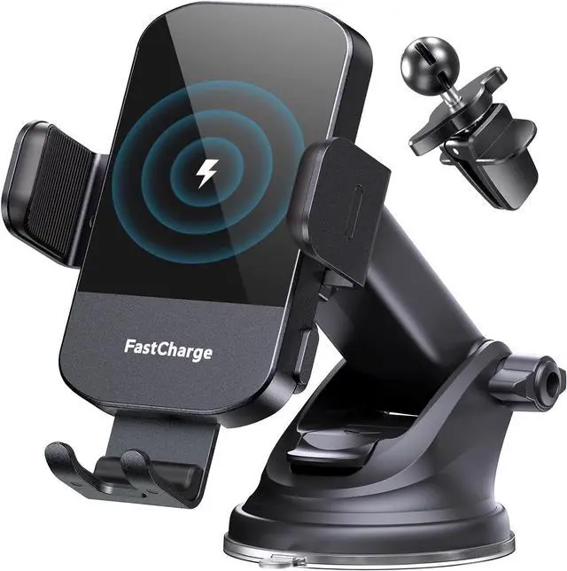 Main image of CHGeek Wireless Car Charger, 15W Fast Charging Auto Clamping Car Charger Phone Mount Phone Holder fit for iPhone 15 14 13 12 11 Pro Max Xs, Samsung Galaxy S24 Ultra S23 S22 S21, S20, S10+, Black