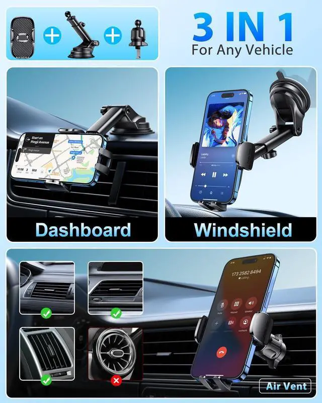 Alt view image 2 of 7 - Car Phone Holder[Military-Grade 360°Suction Cup]Phone Holders for Your Car Universal Accessories Air Vent Dashboard Windshield Phone Mount Automotive Cradles Fit for iPhone Android Smartphone