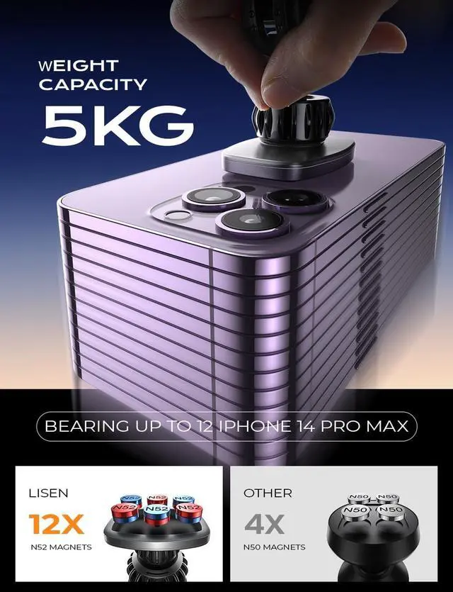 Alt view image 2 of 7 - LISEN Magnetic Car Phone Mount for iPhone and Android with 6 Magnets and Adjustable Arch Design, Black