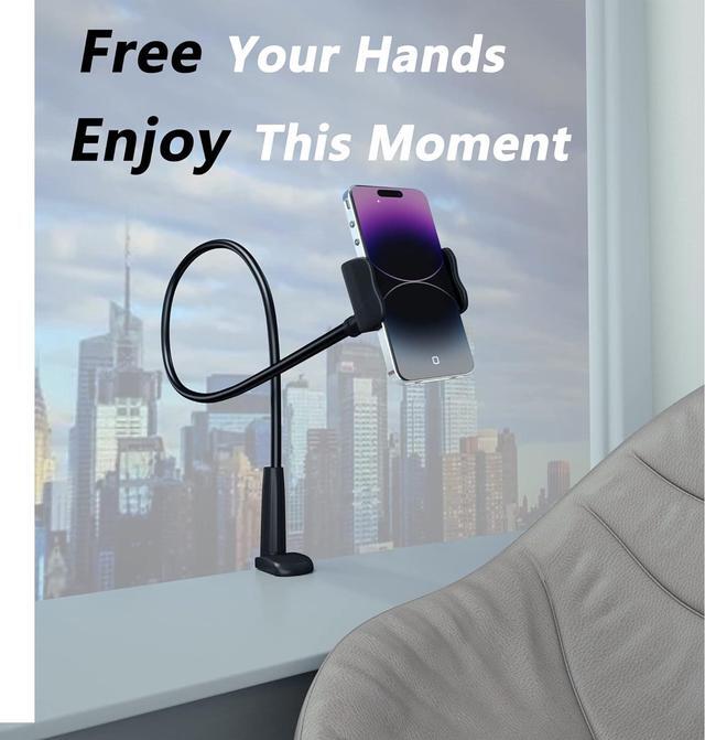 Alt view image 3 of 7 - Cell Phone Clip Bed Stand Holder with Grip Flexible Long Arm Gooseneck Bracket Mount Clamp for Desk Compatible with iPhone 14 Pro Max XR X 8 7 6 or Other 3.5-7 Devices (Black)