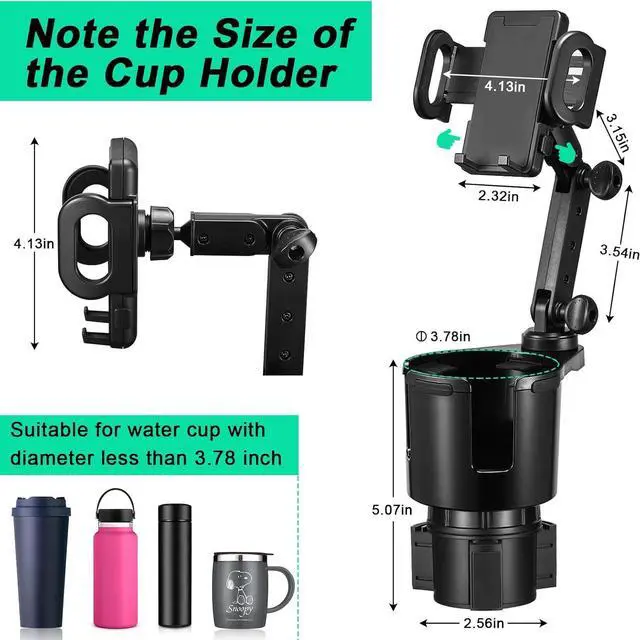 Alt view image 3 of 7 - This Hill Car Cup Holder Expander Adjustable Base with Phone Mount 360° Rotation Cup Holder Cell Phone Holder for Car Compatible with iPhone All Smartphones