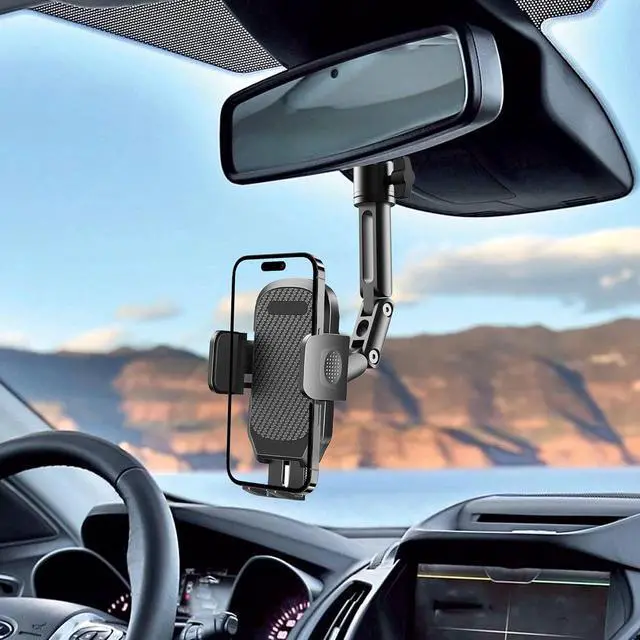 Alt view image 2 of 7 - Quyee Phone Holder Car, Rear View Mirror Phone Holder - Aluminum Alloy Mount Multi-Angle Adjustment Rotatable and Retractable Compatible with All 4-7 Inch iPhone and Android Cell Phones