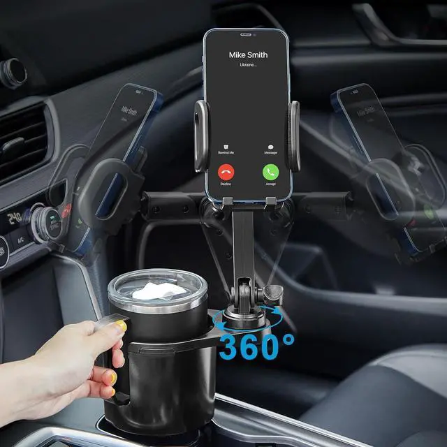 Alt view image 5 of 6 - Cup Holder Phone Mount 2 in 1 Cup Holder Expander for Car Long Arm with 360°Rotation Cup Holder Cell Phone Holder for Car Compatible with All Smartphones