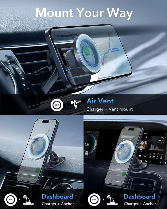 Alt view image 6 of 7 - ESR for MagSafe Car Mount, Air Vent/Dashboard Magnetic Phone Holder for Car,Car Phone Holder Mount for iPhone 16/16e/15/14/13/12/Samsung, All Smartphones(2 Metal Rings included),Charging Not Supported