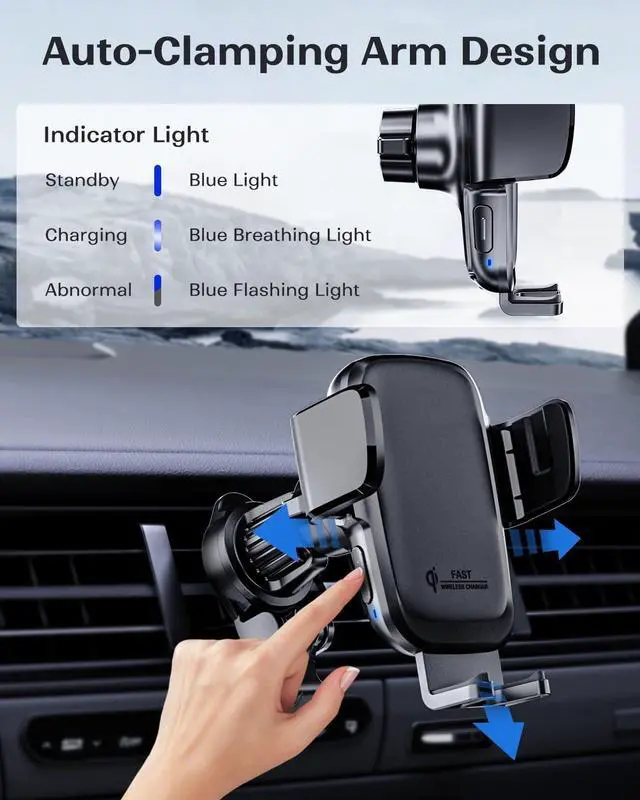 Alt view image 2 of 6 - KPON Car Phone Holder Wireless Charger, Auto Clamping Wireless Car Charger Mount 15W/10W/7.5W for Dashboard, Automatic Air Vent Windshield Mount for iPhone 15 14 13 12 11/Samsung/LG/Google Pixel