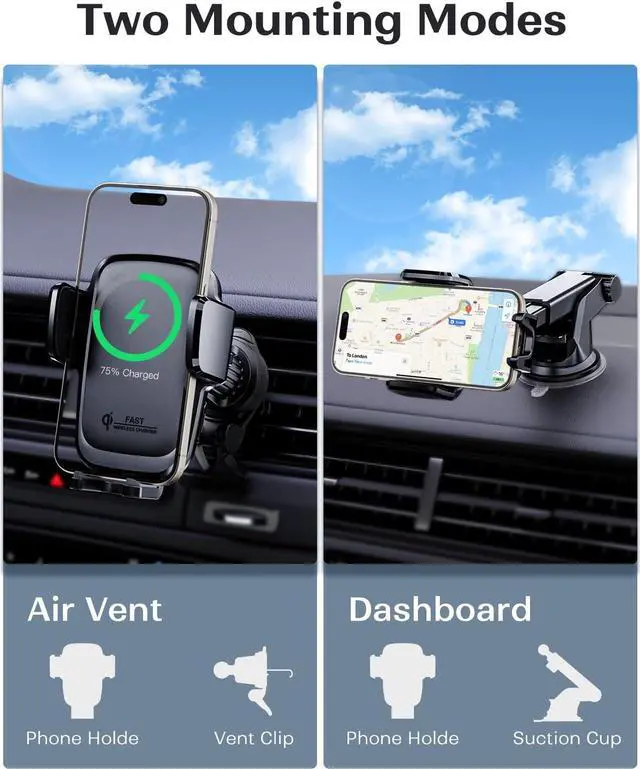 Alt view image 4 of 6 - KPON Car Phone Holder Wireless Charger, Auto Clamping Wireless Car Charger Mount 15W/10W/7.5W for Dashboard, Automatic Air Vent Windshield Mount for iPhone 15 14 13 12 11/Samsung/LG/Google Pixel