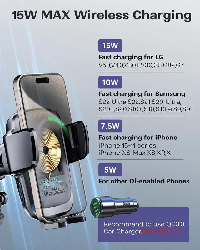 Alt view image 5 of 6 - KPON Car Phone Holder Wireless Charger, Auto Clamping Wireless Car Charger Mount 15W/10W/7.5W for Dashboard, Automatic Air Vent Windshield Mount for iPhone 15 14 13 12 11/Samsung/LG/Google Pixel