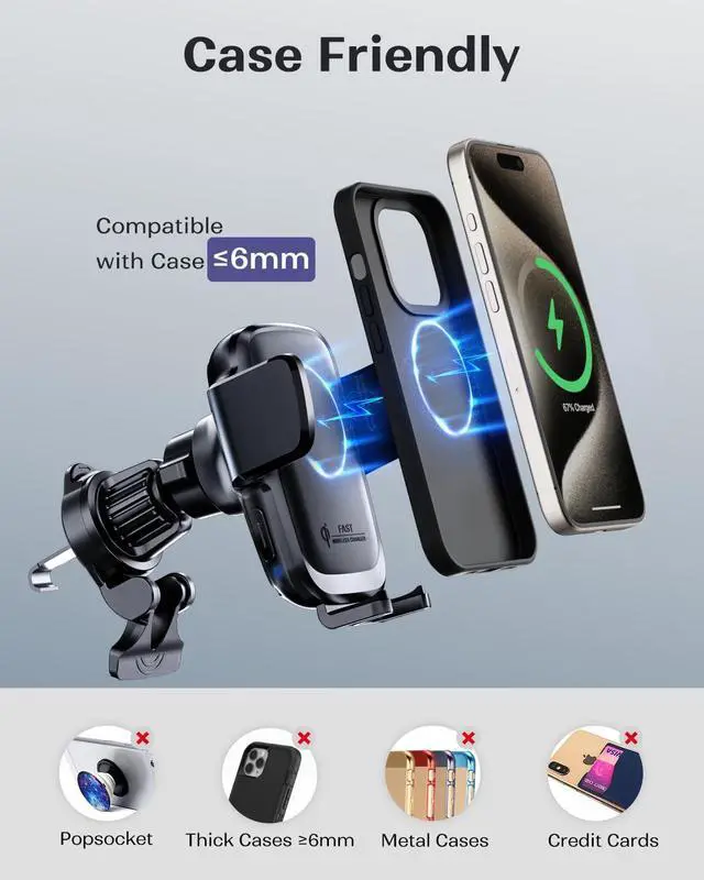 Alt view image 6 of 6 - KPON Car Phone Holder Wireless Charger, Auto Clamping Wireless Car Charger Mount 15W/10W/7.5W for Dashboard, Automatic Air Vent Windshield Mount for iPhone 15 14 13 12 11/Samsung/LG/Google Pixel