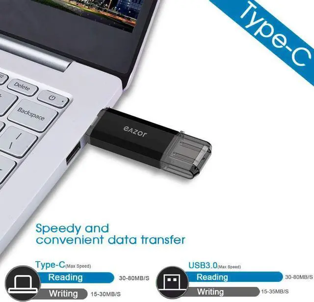 Alt view image 3 of 7 - Type C Flash Drive 2 in 1 OTG USB C+ USB 3.0 Dual Drive Waterproof Memory Stick with Keychain Metal for Computer MacBook Googles Chromebook Pixel  Galaxy (TYPE-C128GB)