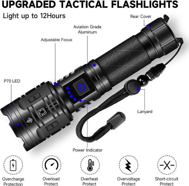 Alt view image 5 of 7 - Rechargeable Flashlights High Lumens Powerful Tactical Flashlights 5 Modes LED Flashlight Adjustable Brightest Flashlight Waterproof Handheld Flash Light for Emergencies Home Camping Hiking