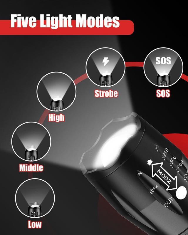 Alt view image 4 of 7 - LED Flashlight 2 Pack Bright 2000 Lumens Tactical Flashlights High Lumens with 5 Modes Waterproof Zoomable Flash Light for Outdoor Gifts for Christmas Stocking Camping Essentials Gear
