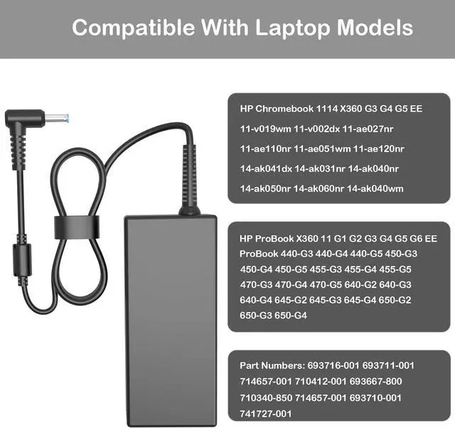 Alt view image 2 of 7 - Ac Charger 65w Fit for HP ProBook 640 650 450 430 440 446 455 470 745 735 725 755 EliteBook 840 850 845 Laptop Cord