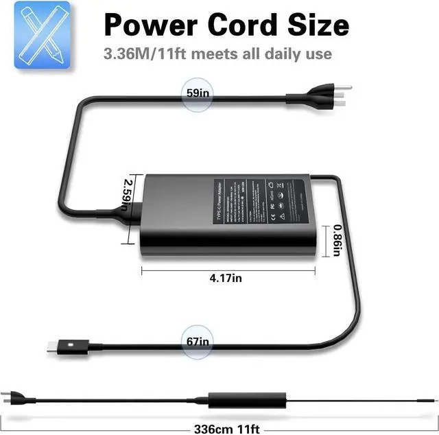 Alt view image 3 of 7 - 65W USB C Laptop Charger Replacement for Dell Latitude 5430 5520 5320 5330 5420 5520 5421 7420 7490 7400,Chromebook 3100 3300 3380 3400 3500 5190 5300,Dell XPS 13 Type C Computer Charger AC Adapter