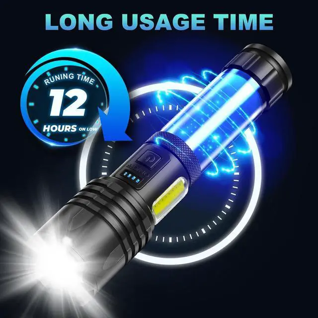Alt view image 4 of 6 - Rechargeable LED Flashlights High Lumens 990 000 Lumens Super Bright Flashlight High Powerful Flash Light 7 Modes with COB Work Light IPX7 Waterproof for Outdoor Emergency Camping Hiking
