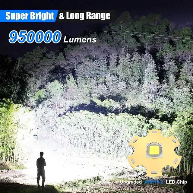 Alt view image 2 of 7 - Flashlight High Lumens Rechargeable 950000 Lumen Led Flashlights XHP70.2 USB Super Bright Flash Light Battery Powered Powerful Handheld Flashlights for Emergencies Camping IP67 Waterproof