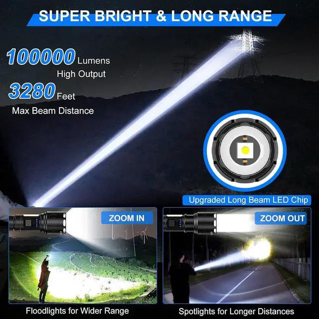 Alt view image 2 of 7 - Rechargeable Magnetic Flashlights High Lumens, 100000 Lumens Super Bright LED Powerful Flashlight 8 Modes with COB Work Light, IPX7 Waterproof Handheld Tactical Flash Light for Emergency Camping