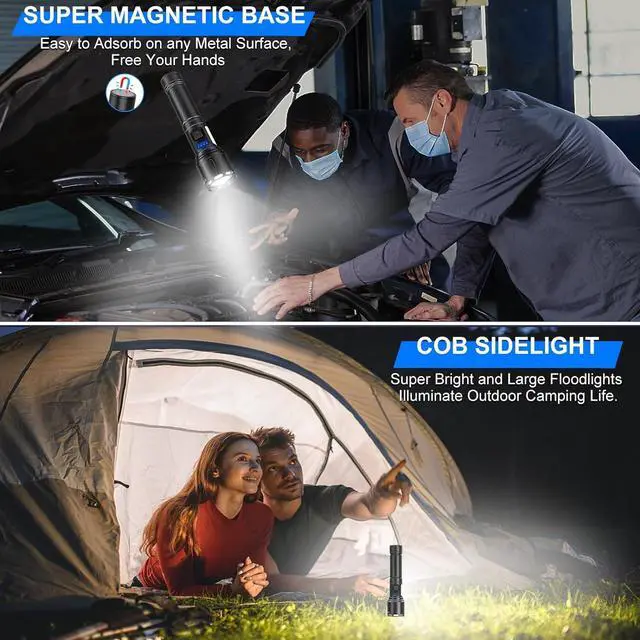 Alt view image 3 of 7 - Rechargeable Magnetic Flashlights High Lumens, 100000 Lumens Super Bright LED Powerful Flashlight 8 Modes with COB Work Light, IPX7 Waterproof Handheld Tactical Flash Light for Emergency Camping