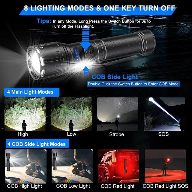 Alt view image 4 of 7 - Rechargeable Magnetic Flashlights High Lumens, 100000 Lumens Super Bright LED Powerful Flashlight 8 Modes with COB Work Light, IPX7 Waterproof Handheld Tactical Flash Light for Emergency Camping