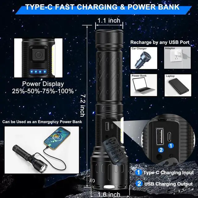 Alt view image 5 of 7 - Rechargeable Magnetic Flashlights High Lumens, 100000 Lumens Super Bright LED Powerful Flashlight 8 Modes with COB Work Light, IPX7 Waterproof Handheld Tactical Flash Light for Emergency Camping
