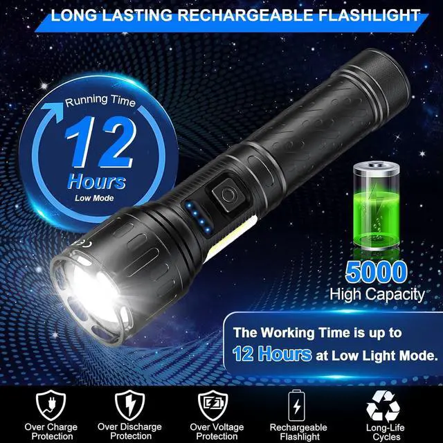 Alt view image 6 of 7 - Rechargeable Magnetic Flashlights High Lumens, 100000 Lumens Super Bright LED Powerful Flashlight 8 Modes with COB Work Light, IPX7 Waterproof Handheld Tactical Flash Light for Emergency Camping