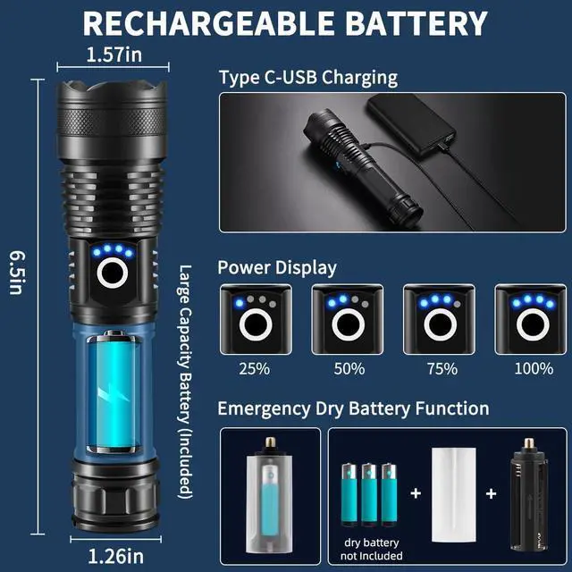 Alt view image 4 of 7 - Flashlights High Lumens Rechargeable 2Pack Rechargeable Flashlights 900000lm Super Bright Flashlight 5Mode Tactical Flashlights High Lumens LED Flashlight High Powered Waterproof Flash Light LED