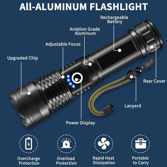 Alt view image 5 of 7 - Flashlights High Lumens Rechargeable 2Pack Rechargeable Flashlights 900000lm Super Bright Flashlight 5Mode Tactical Flashlights High Lumens LED Flashlight High Powered Waterproof Flash Light LED