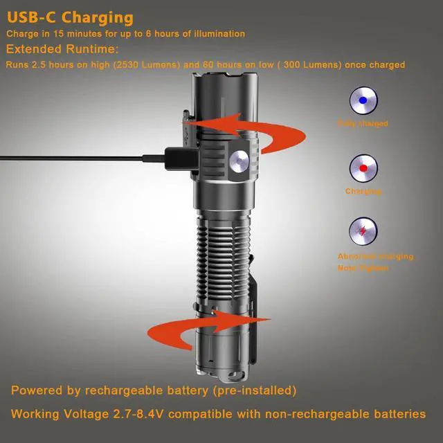 Alt view image 6 of 7 - MX75 2530 Lumen LED Tactical Flashlight Law Enforcement, 390 Yards Beam Distance USB-C Rechargeable Pocket Flashlight with Battery