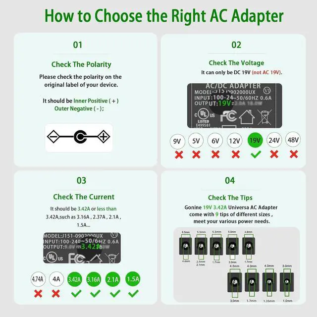 Alt view image 3 of 7 - Gonine Laptop Charger for Gateway, 19V 3.42A Power Supply Cord, 19Vdc 65W 60W 45W AC to DC Power Adapter for 19Volt Gateway Toshiba Acer Laptop, JBL Speaker, Samsung LG LCD Monitor.